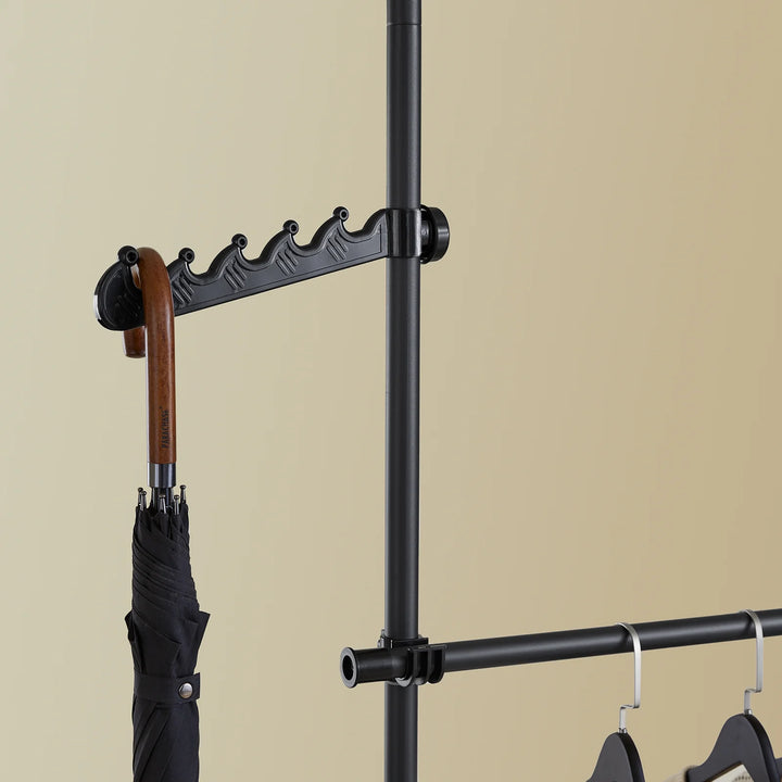 Stabil og justerbar teleskopisk garderobe i sort – åben tøjstang med hylder og kroge til soveværelse eller walk-in-closet