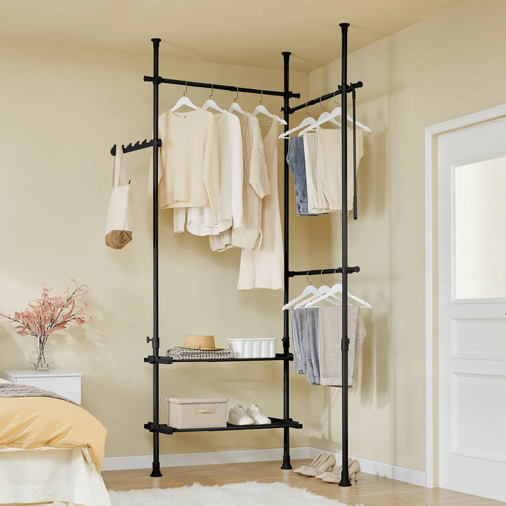 Stabil og justerbar teleskopisk garderobe i sort – åben tøjstang med hylder og kroge til soveværelse eller walk-in-closet