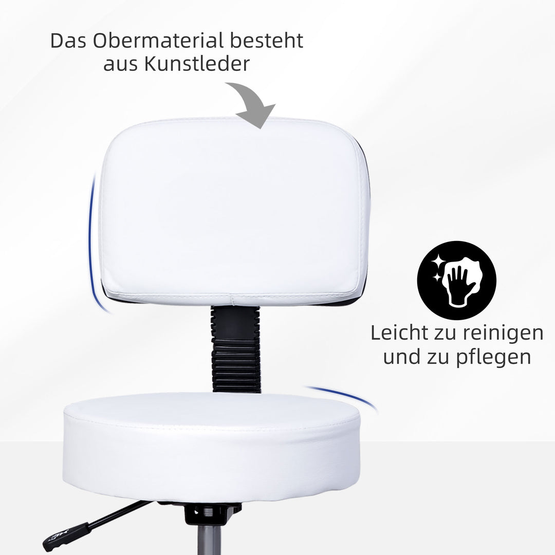 Rullende skammel højdejusterbar arbejdsskammel med ryglæn, roterende salonskammel til massagekontor kunstlæder hvid 35 x 72-84 cm