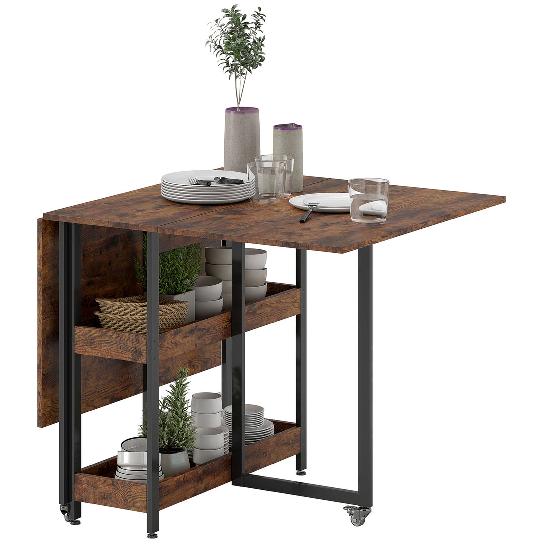 Klapbart spisebord i industrielt design, til op til 4 personer, åbne hylder, fleksibelt, metal, spånplade, brun