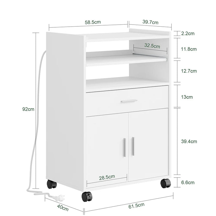 Køkkenvogn med 4-i-1 ladestation – med hjul eller ben, 1 skuffe, 2 låger og justerbar hylde, hvid, 61,5 × 40 × 92 cm