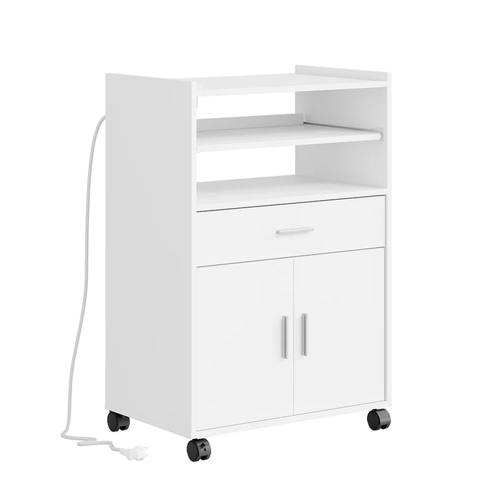 Køkkenvogn med 4-i-1 ladestation – med hjul eller ben, 1 skuffe, 2 låger og justerbar hylde, hvid, 61,5 × 40 × 92 cm