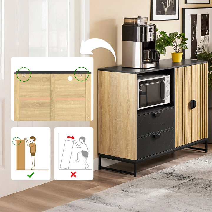 Kompakt køkkenhelt: buffetskab med mikrobølgeovnsfag og moderne jalousidør (eg/sort), 107×40×85 cm