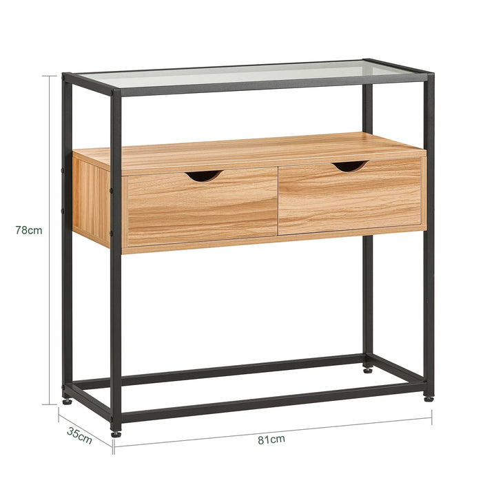 Elegant konsolbord med opbevaringsplads, B81 x D35 x H78 cm, naturfarvet med sorte ben og glasbordplade
