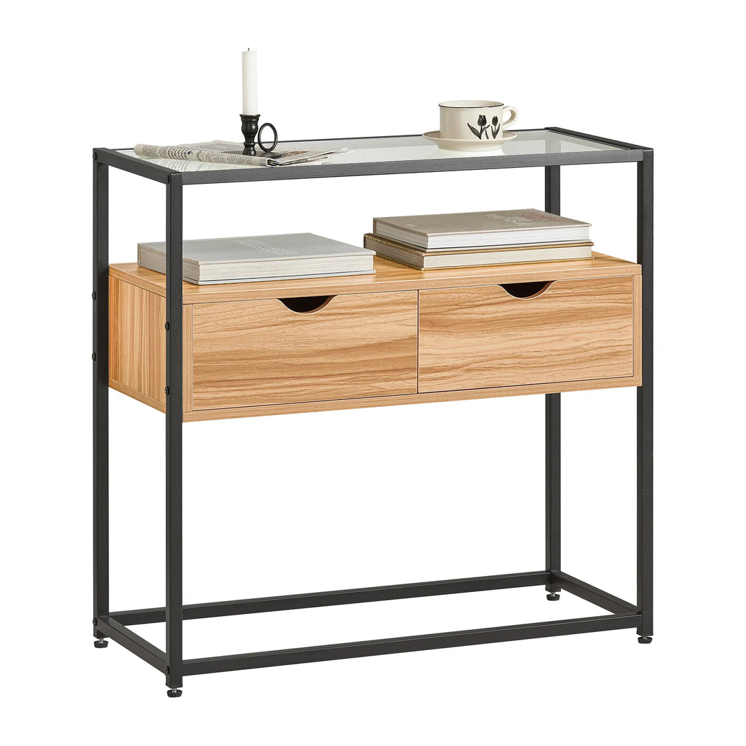 Elegant konsolbord med opbevaringsplads, B81 x D35 x H78 cm, naturfarvet med sorte ben og glasbordplade