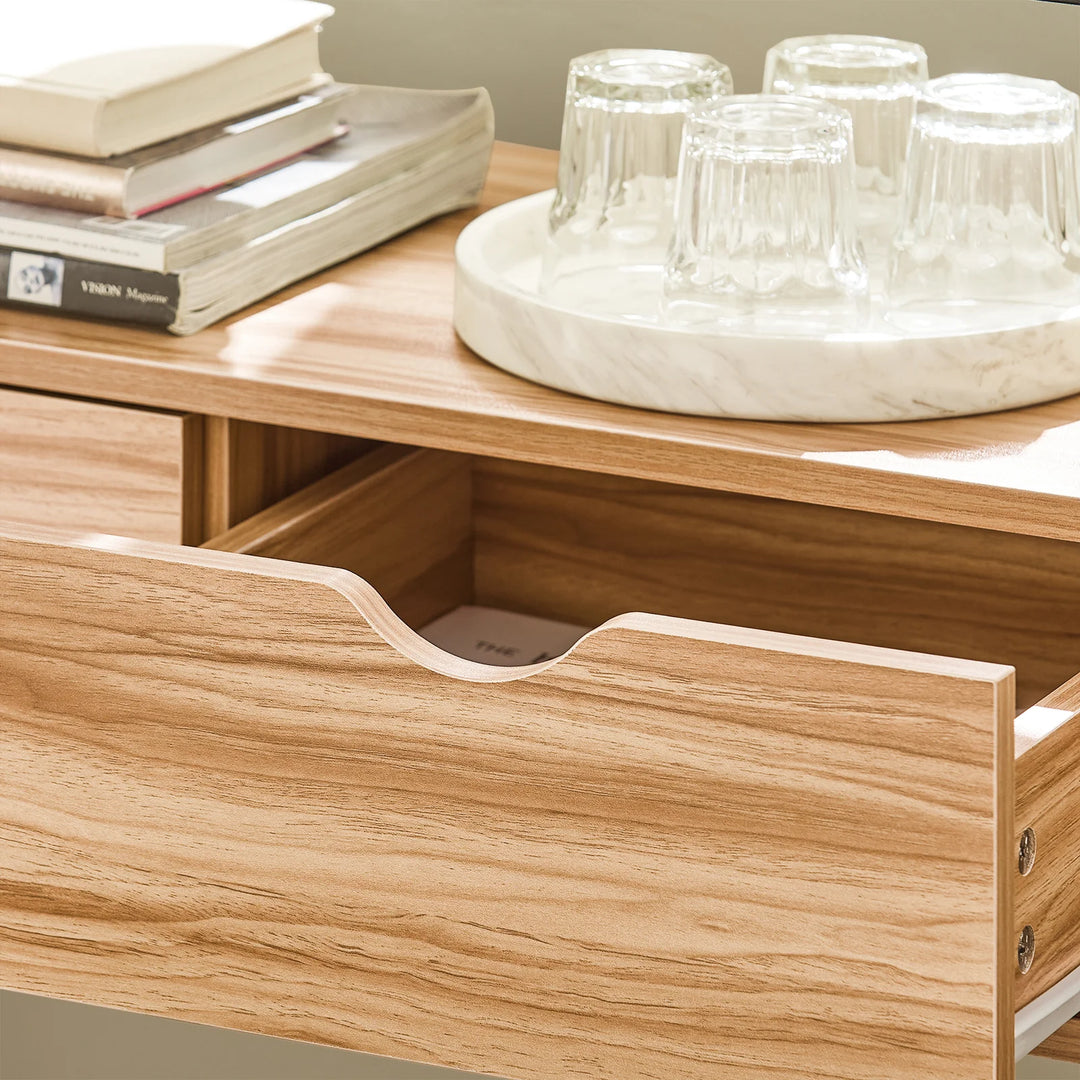 Elegant konsolbord med opbevaringsplads, B81 x D35 x H78 cm, naturfarvet med sorte ben og glasbordplade