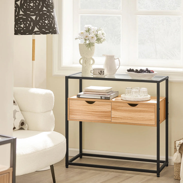 Elegant konsolbord med opbevaringsplads, B81 x D35 x H78 cm, naturfarvet med sorte ben og glasbordplade