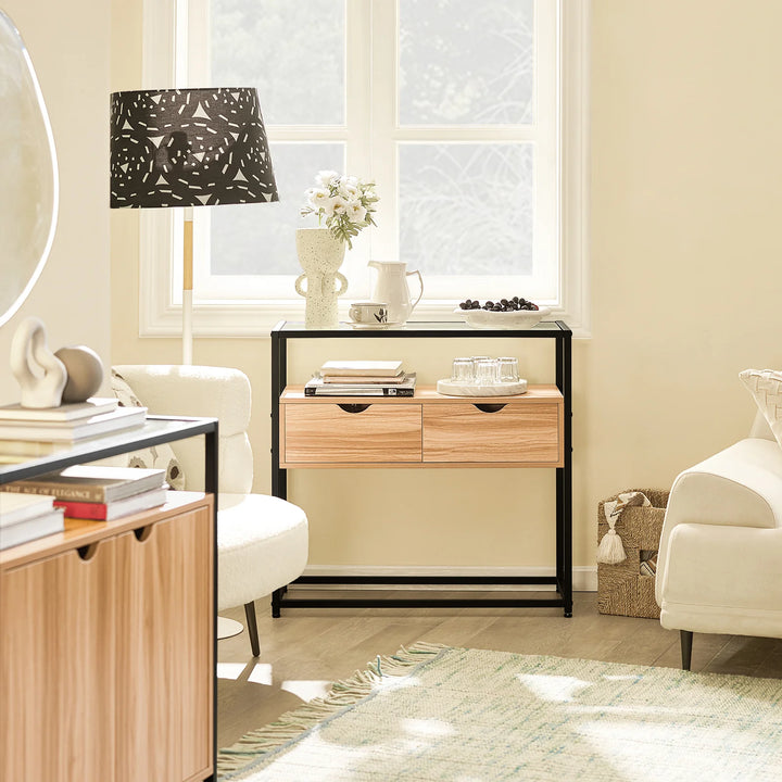 Elegant konsolbord med opbevaringsplads, B81 x D35 x H78 cm, naturfarvet med sorte ben og glasbordplade