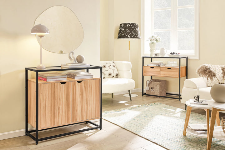 Elegant konsolbord med opbevaringsplads, B81 x D35 x H78 cm, naturfarvet med sorte ben og glasbordplade