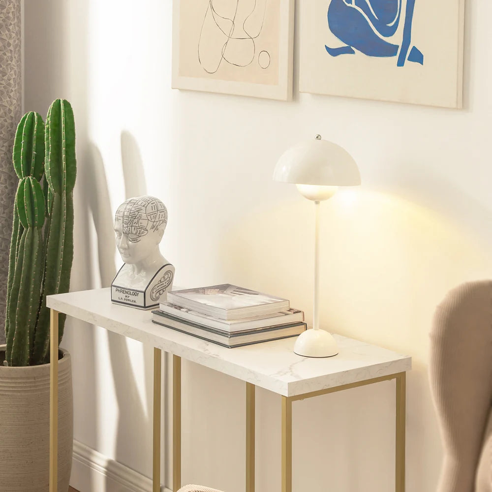Elegant konsolbord, B100 x D36 x H75 cm, gråtonet bordplade med guldfarvede ben