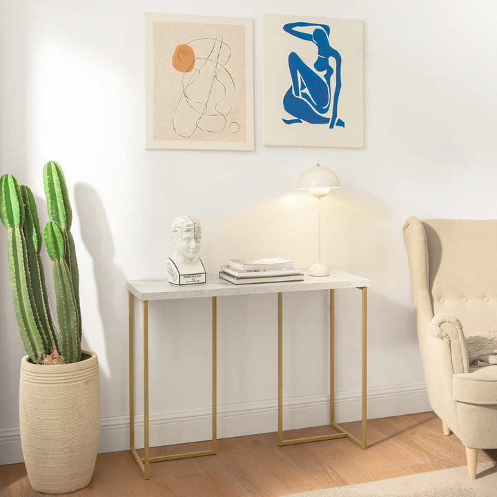 Elegant konsolbord, B100 x D36 x H75 cm, gråtonet bordplade med guldfarvede ben