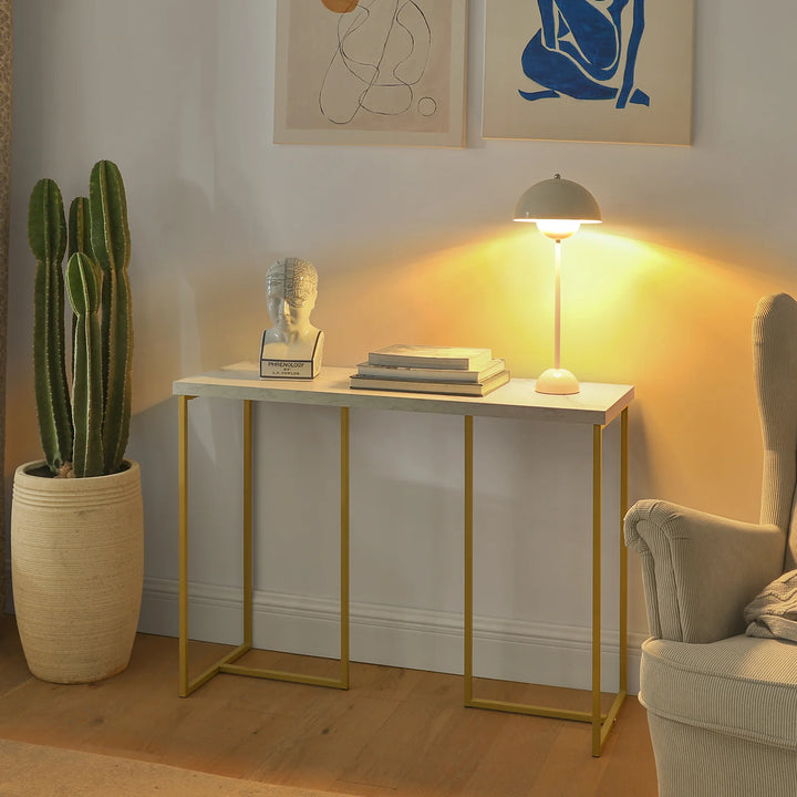 Elegant konsolbord, B100 x D36 x H75 cm, gråtonet bordplade med guldfarvede ben