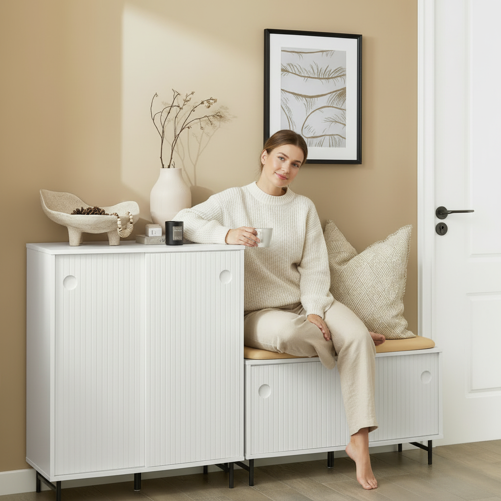 Smukt entrésæt med en kommode/skoskab og en skobænk, skandi-stil, hvid