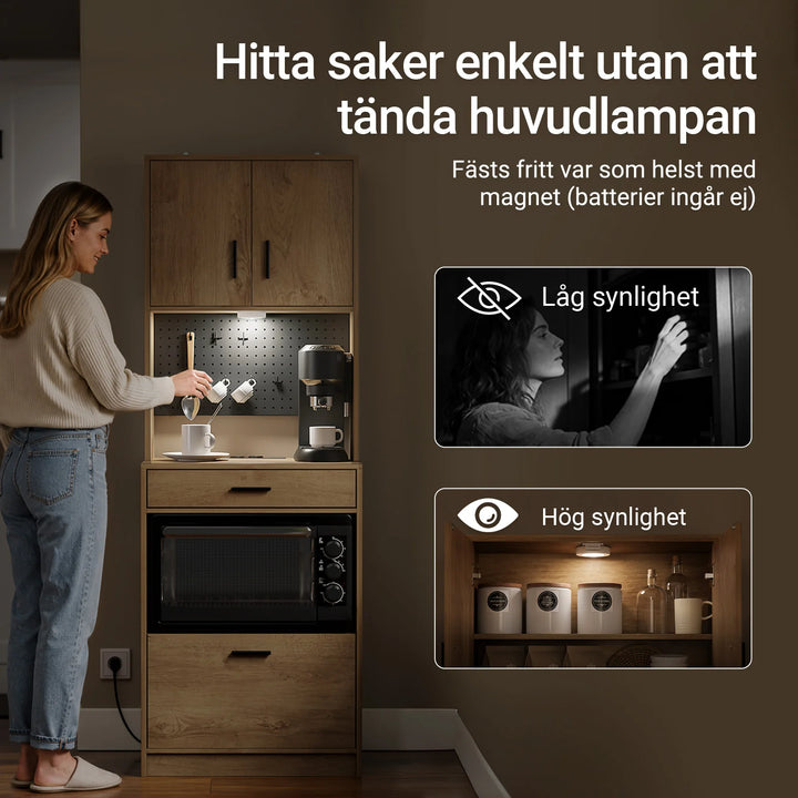 Højt køkkenskab med strømudtag, belysning og praktisk opbevaring