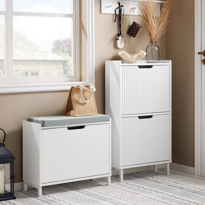 Minimalistisk skobænk med opbevaring - den elegante løsning til din entré, L60xB24xH52 cm, hvid