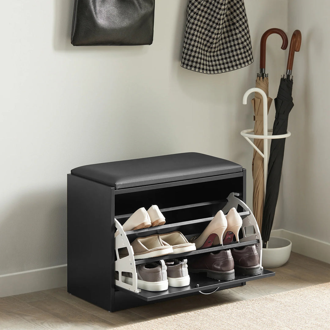 Modene skobænk i MDF og kunstlæder, vippefunktion, B60 x D30 x H47 cm, sort