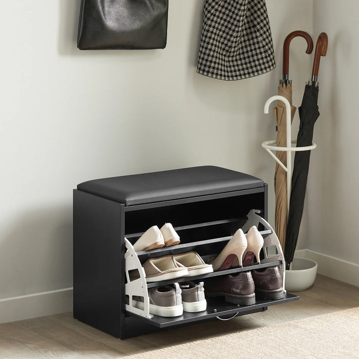 Modene skobænk i MDF og kunstlæder, vippefunktion, B60 x D30 x H47 cm, sort