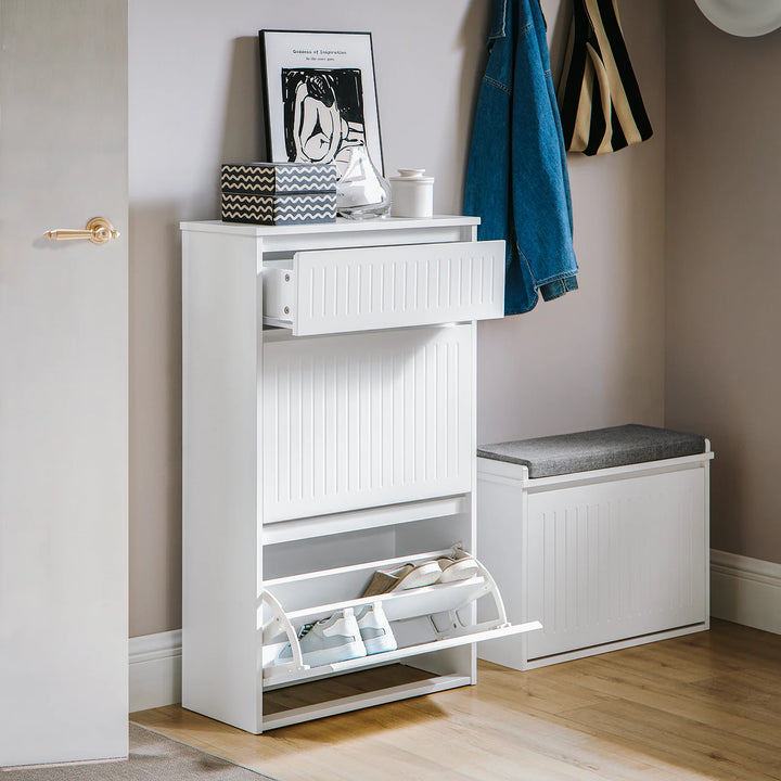 Entrésæt med skobænk og skoskab, skandinavisk stil, hvid
