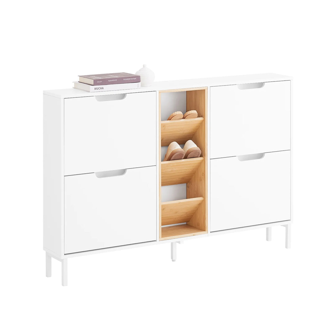 Skoskab med 4 døre og 3 åbne rum, L126 x B19 x H85 cm, hvid