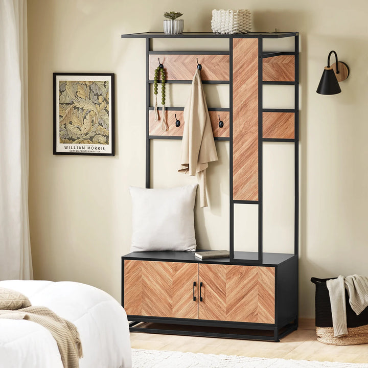 Multifunktionel garderobe med skoskab og bænk i smuk japandi-stil, L100xD40xH180 cm