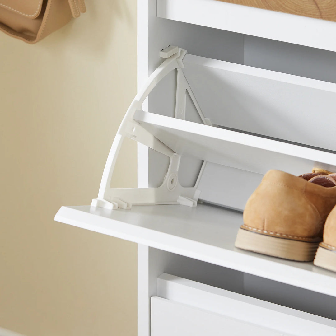 Smalt og højt skoskab i hvid og trælook – moderne, pladsbesparende skoopbevaring med 2 klaplåger og skuffer, perfekt til entré og gang, 61 × 26 × 91 cm