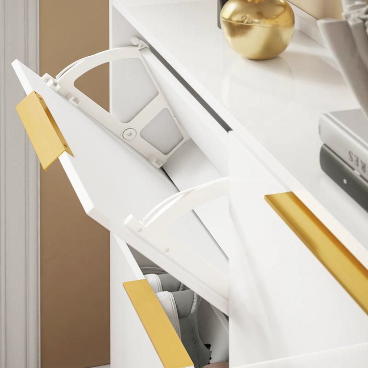 Ultratyndt skoskab i højglans hvid med gulddetaljer – pladsbesparende skab til 16-20 par sko, 100 x 19 x 90 cm