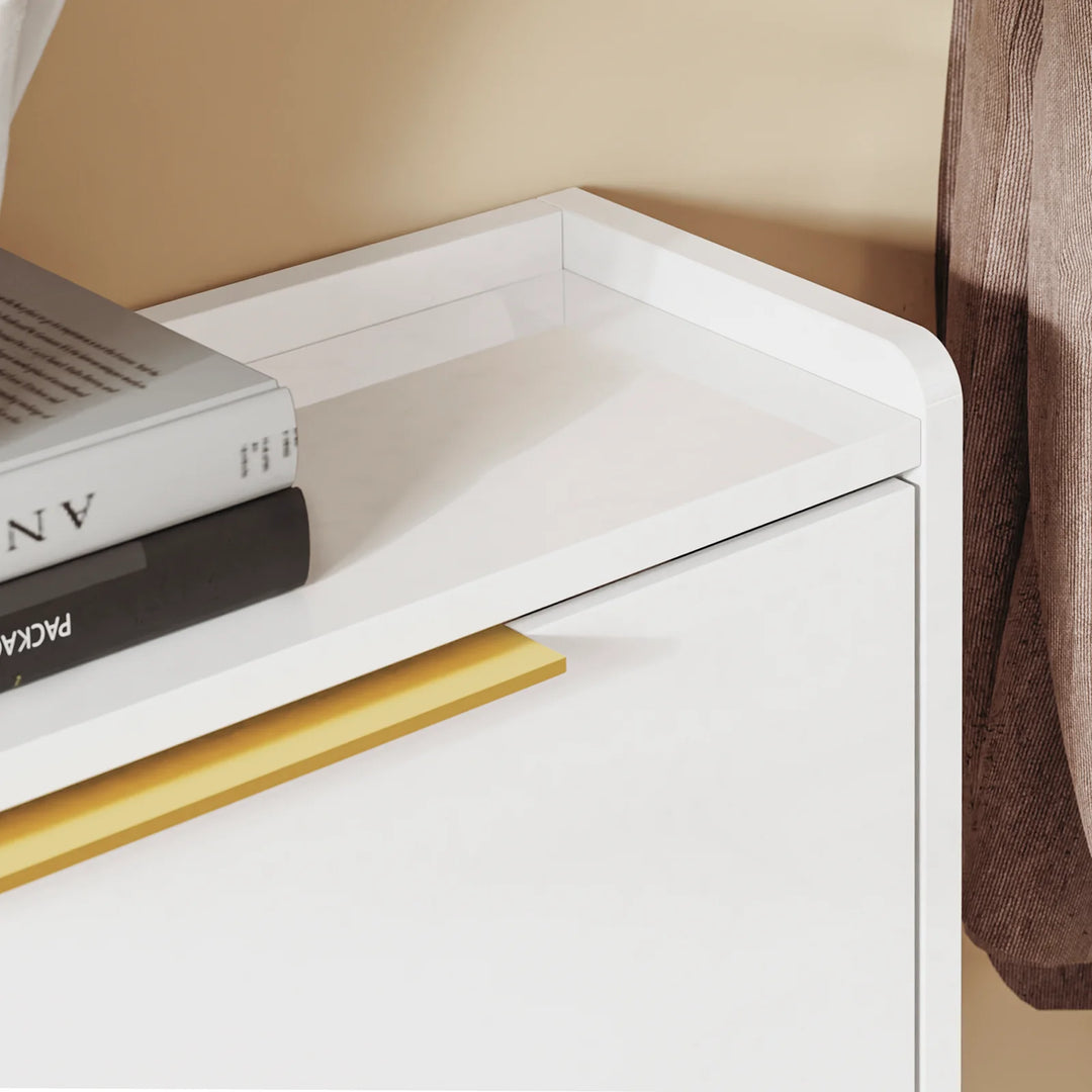 Ultratyndt skoskab i højglans hvid med gulddetaljer – pladsbesparende skab til 16-20 par sko, 100 x 19 x 90 cm