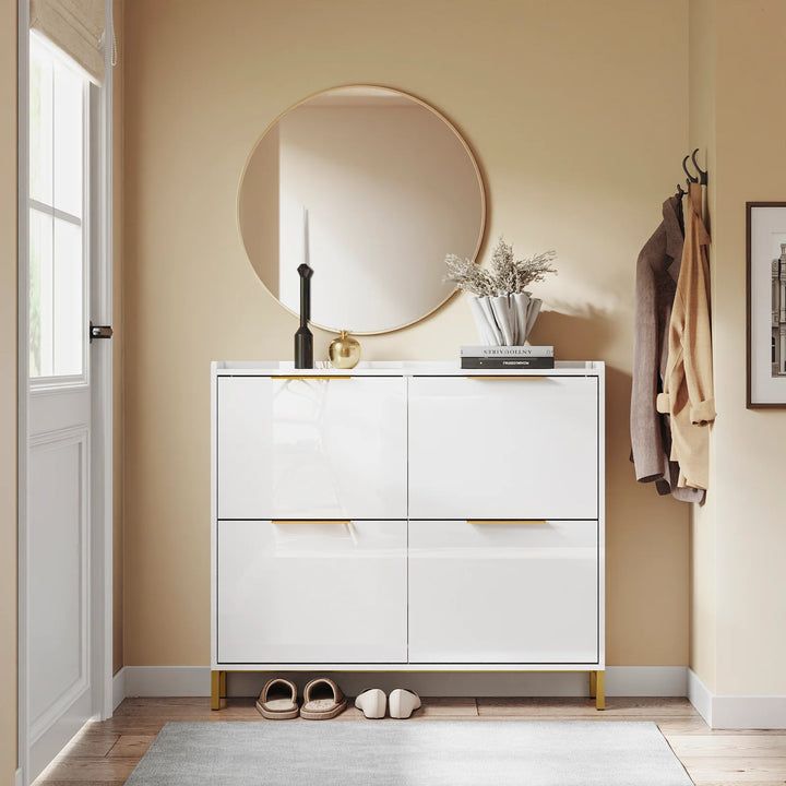 Ultratyndt skoskab i højglans hvid med gulddetaljer – pladsbesparende skab til 16-20 par sko, 100 x 19 x 90 cm