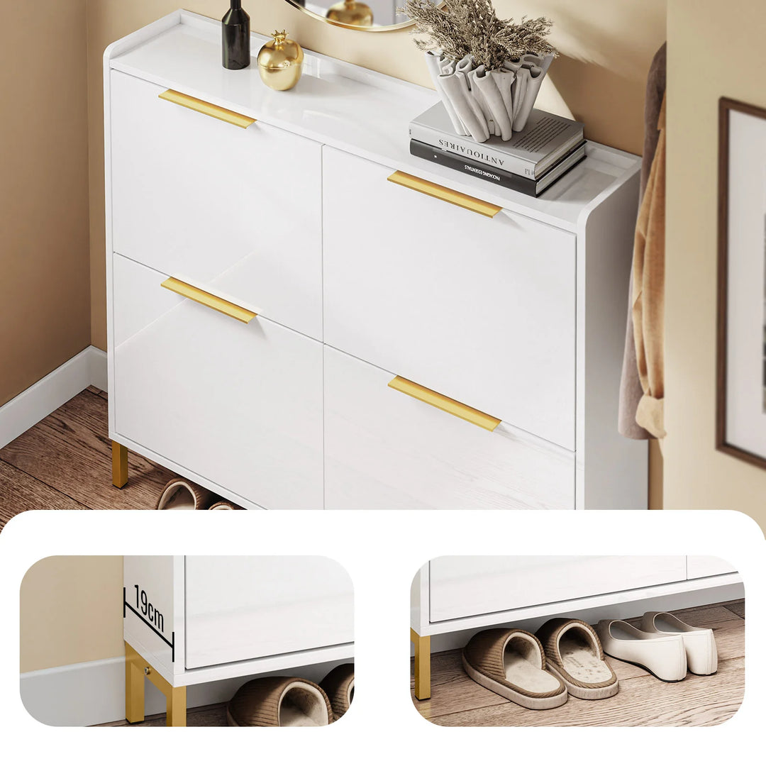 Ultratyndt skoskab i højglans hvid med gulddetaljer – pladsbesparende skab til 16-20 par sko, 100 x 19 x 90 cm
