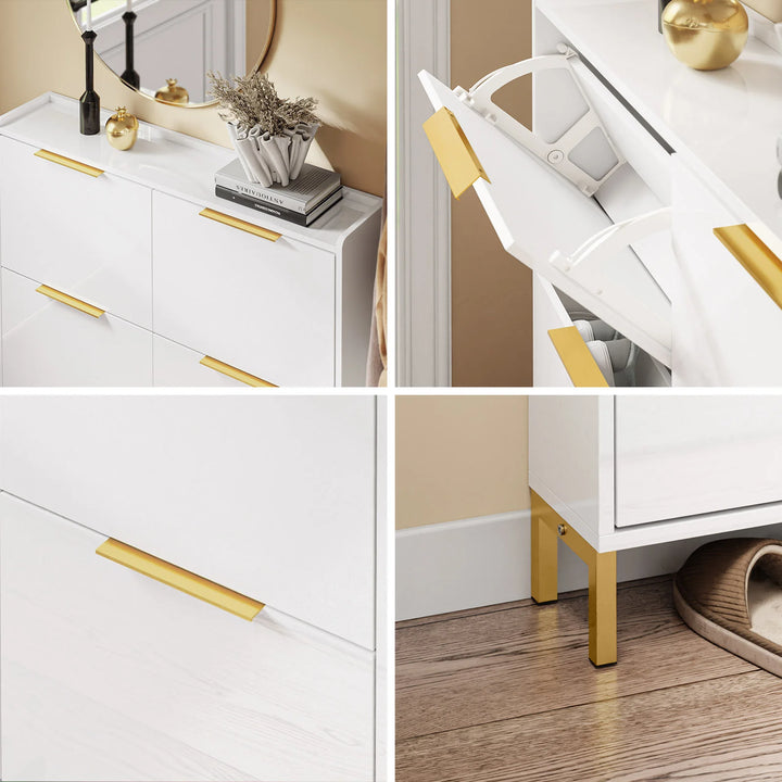 Ultratyndt skoskab i højglans hvid med gulddetaljer – pladsbesparende skab til 16-20 par sko, 100 x 19 x 90 cm