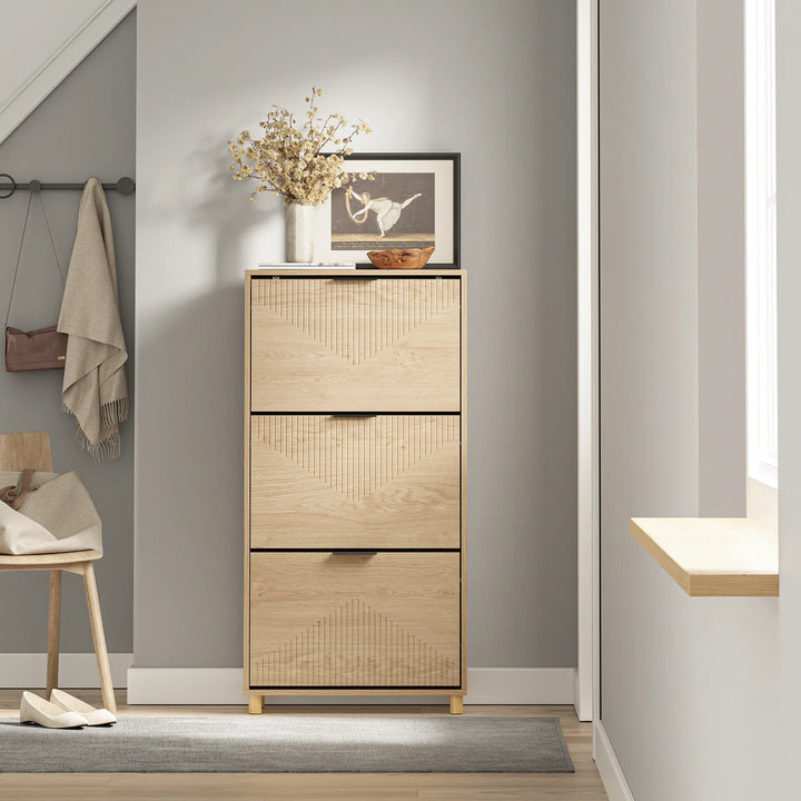 Højt skoskab i trælook – smalt design med plads til 12 par sko