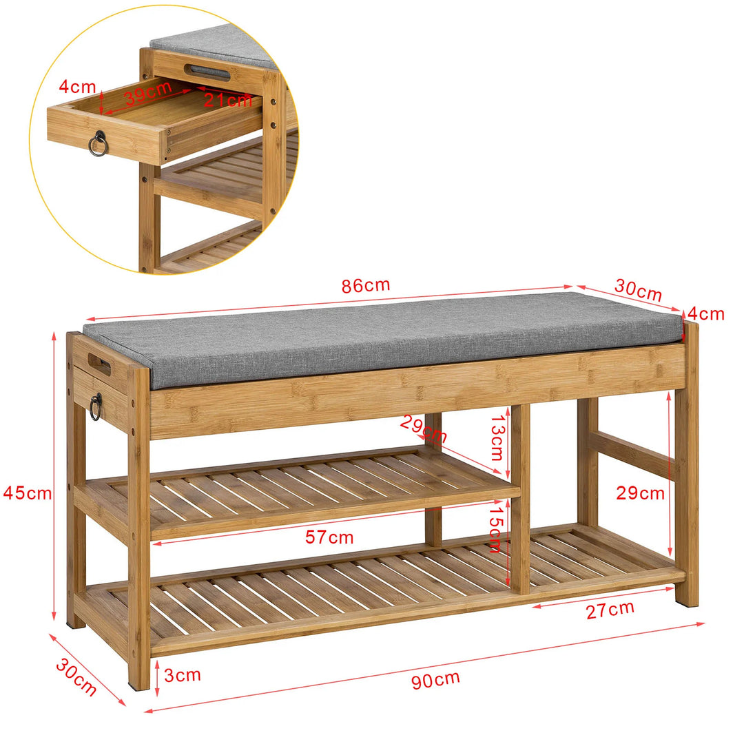 Møbelsæt til entré – skobænk og vægmonteret knagerække i bambustræ, naturfarvet