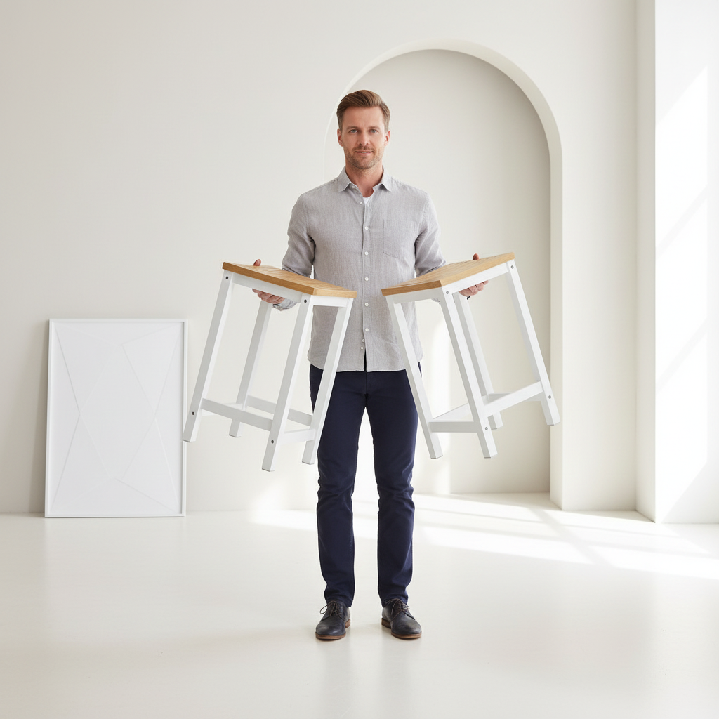 2 x barstole i træ, 2-farvet med hvid stel og naturfarvet sæde