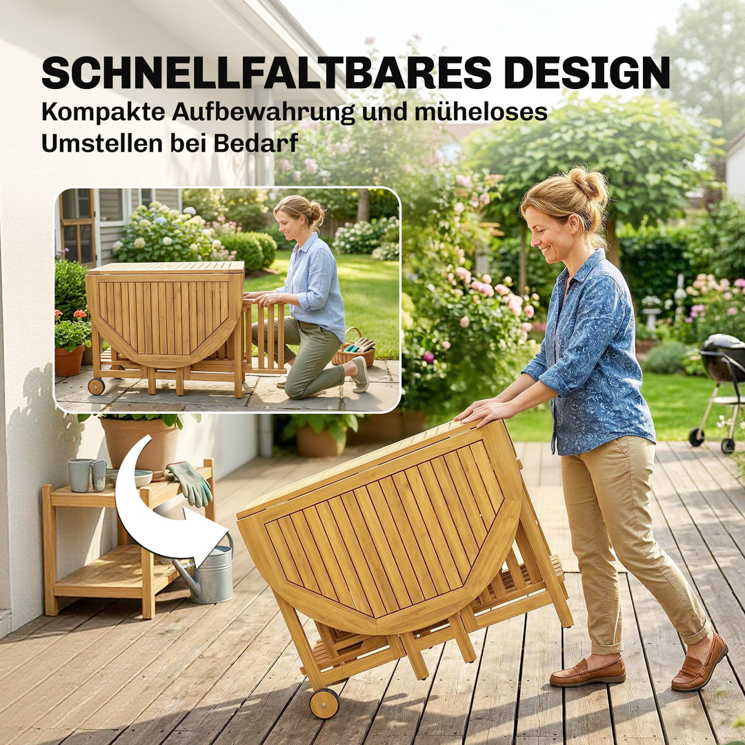 FSC-certificeret havemøbelsæt i træ, 7 dele, udtrækkeligt spisebord med 6 klapstole, parasolhul, hurtigt-foldeligt design