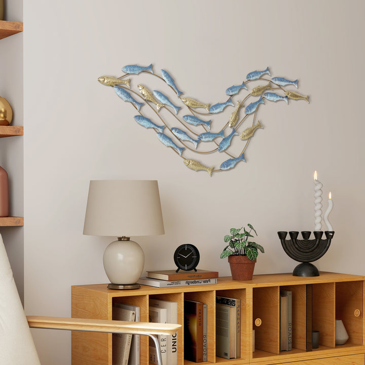 Metalvægkunst, fiskedesign, rustbestandig, moderne stil, elegant, lyseblå