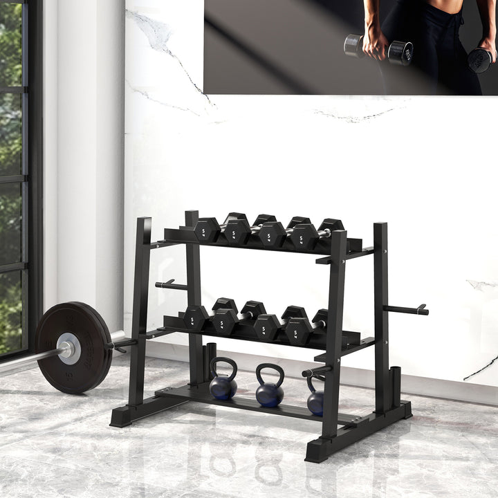 Håndvægtstativ til håndvægte, kettlebells og vægtskiver, 3 niveauer, justerbar, stål, 131 x 75 x 80 cm, sort