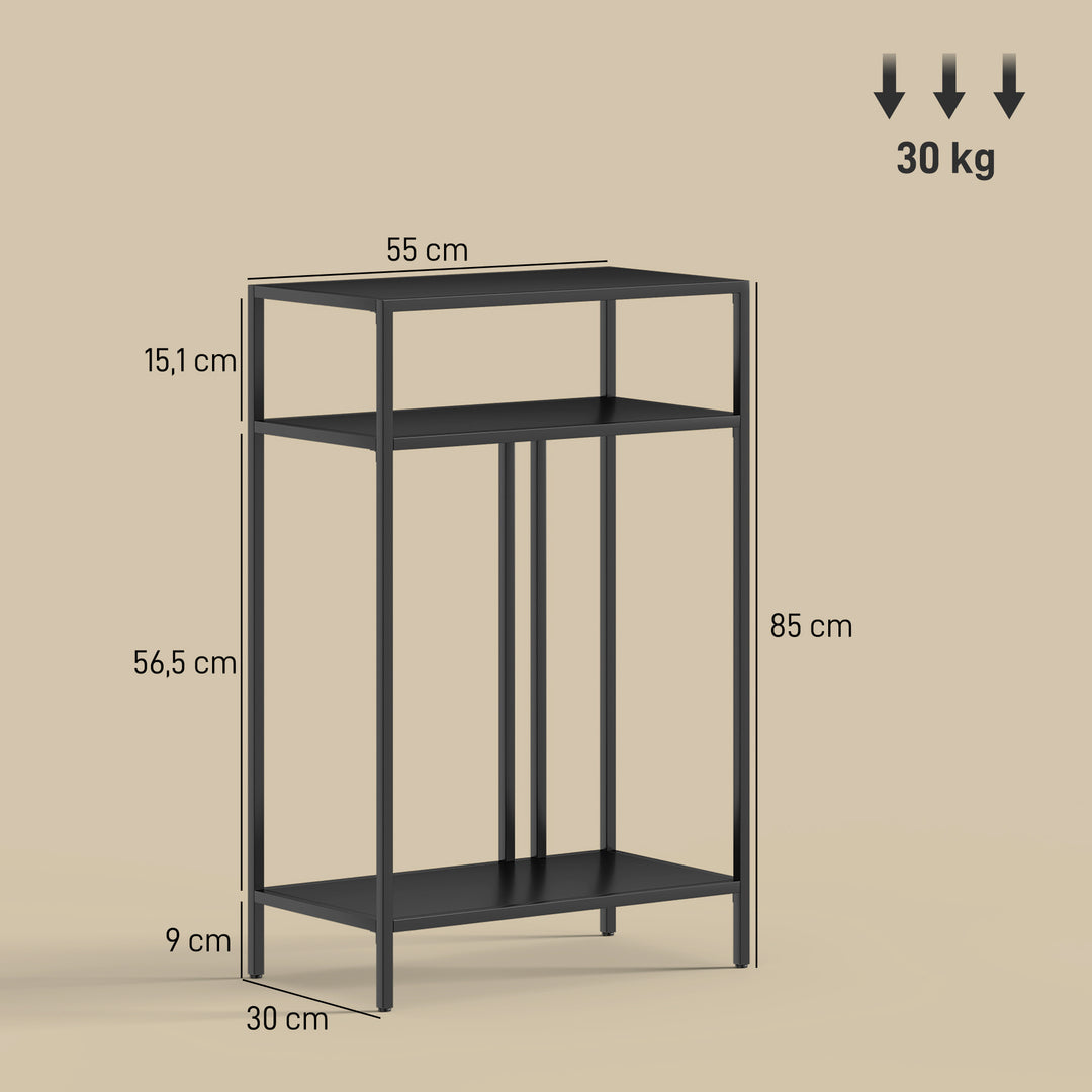 Konsolbord med 3 hylder, smalt entrébord, stålstel til stue/entre, 55 cm, sort