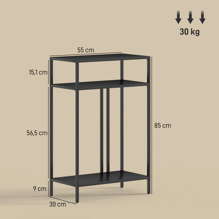 Konsolbord med 3 hylder, smalt entrébord, stålstel til stue/entre, 55 cm, sort