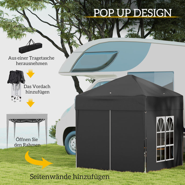 Foldbart pavillon, øltelt, 4 aftagelige sidepaneler, 2 vinduer, metalramme, 2 x 2m, sort