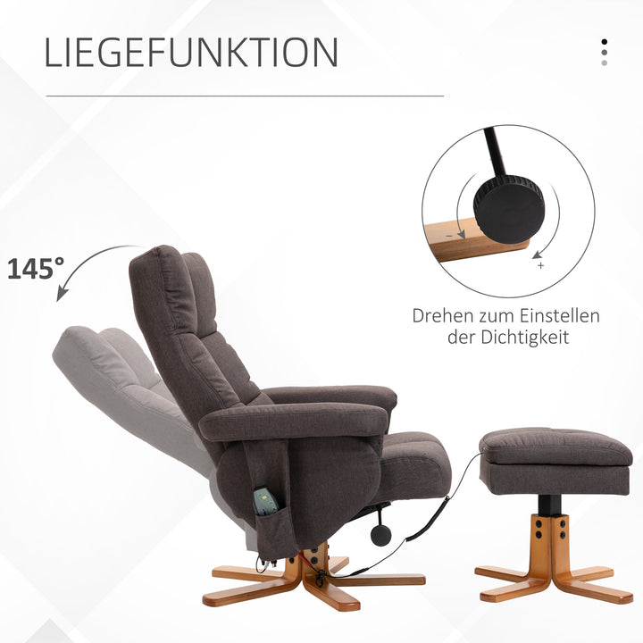 Lænestol med fodskammel, opbevaringsplads, elektrisk massagestol med lænefunktion, drejelig tv-stol med sidelomme, fjernbetjening, træramme, polyester, brun