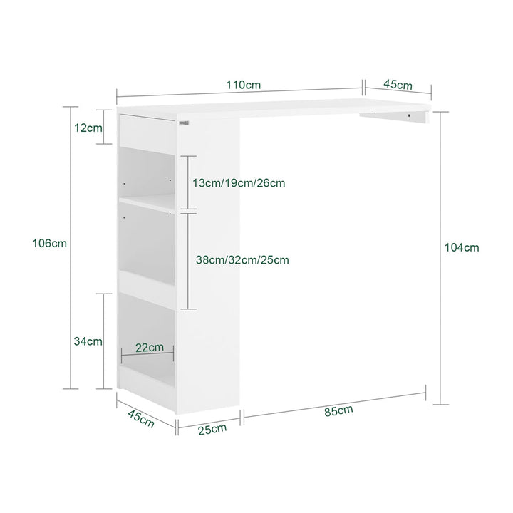 Barbord med opbevaringshylde, skandinavisk stil, 110x45x106 cm, hvid