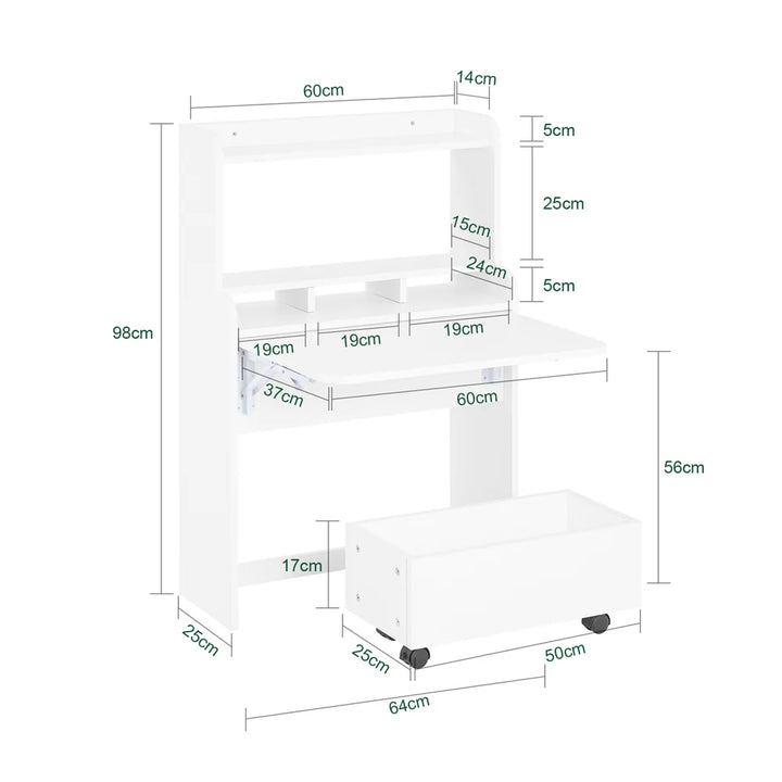 Foldbart skrivebord, god til små rum, L64xB20xH82 cm, hvid