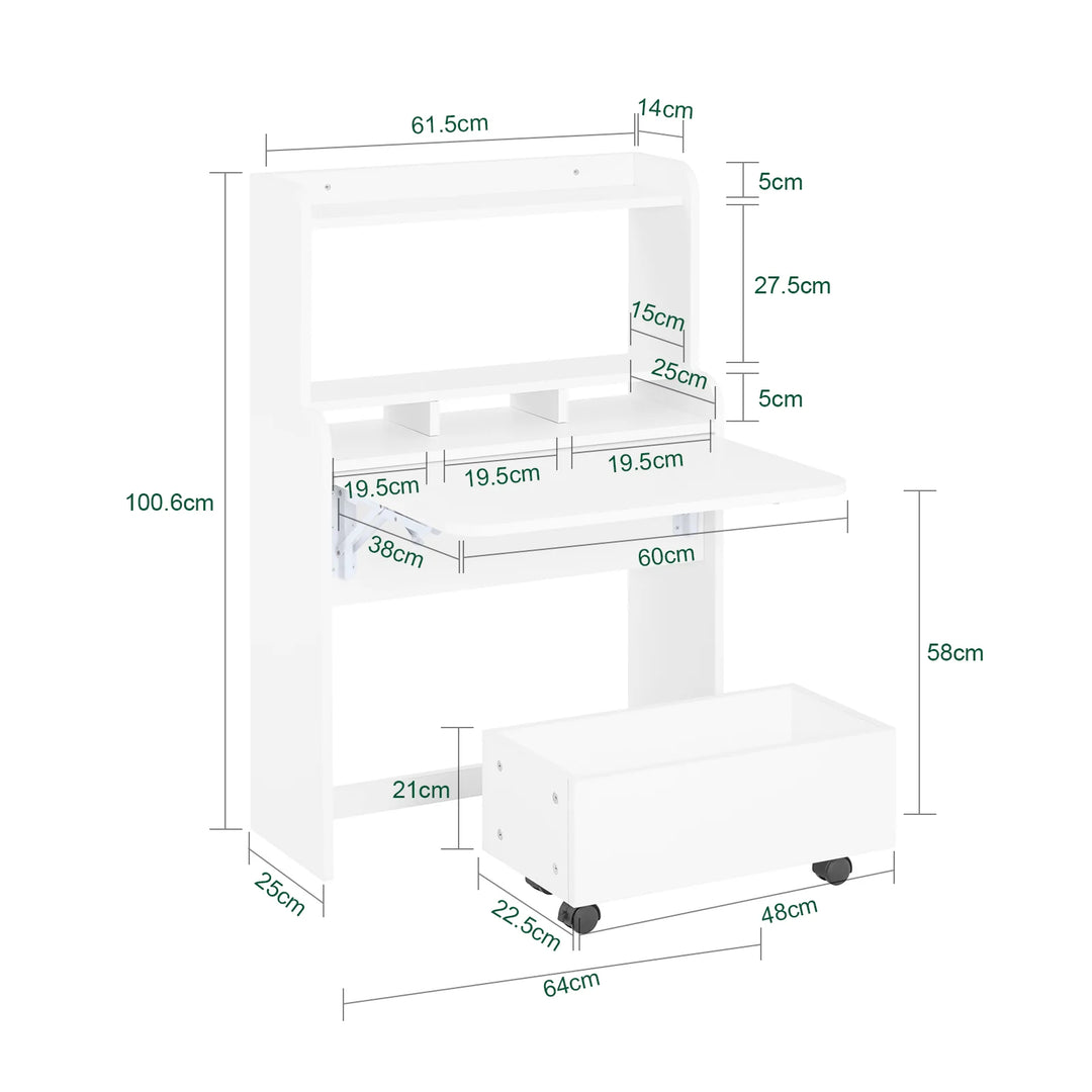 Klapbart skrivebord med reol og rullevogn, 64 × 100,6 × 63 cm, hvid