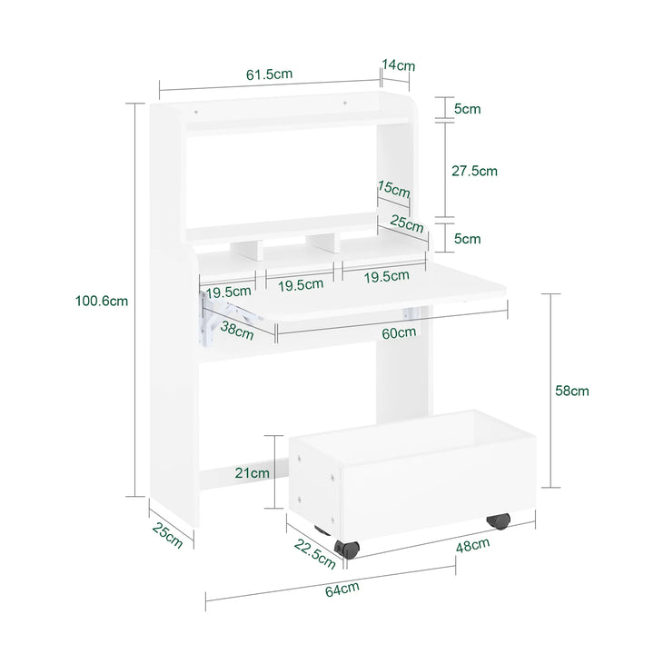 Klapbart skrivebord med reol og rullevogn, 64 × 100,6 × 63 cm, hvid