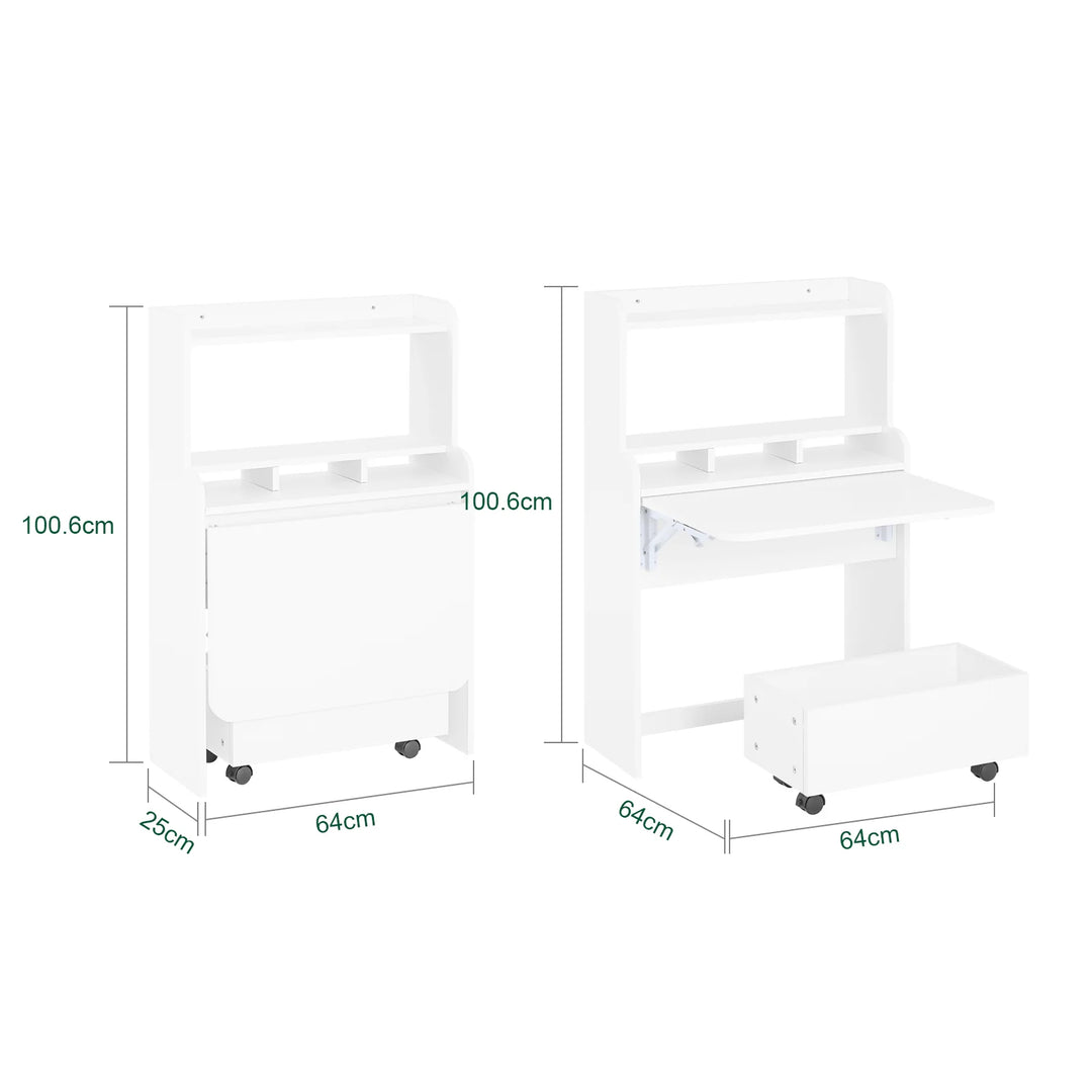 Klapbart skrivebord med reol og rullevogn, 64 × 100,6 × 63 cm, hvid