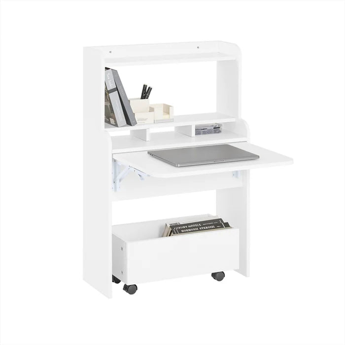 Klapbart skrivebord med reol og rullevogn, 64 × 100,6 × 63 cm, hvid