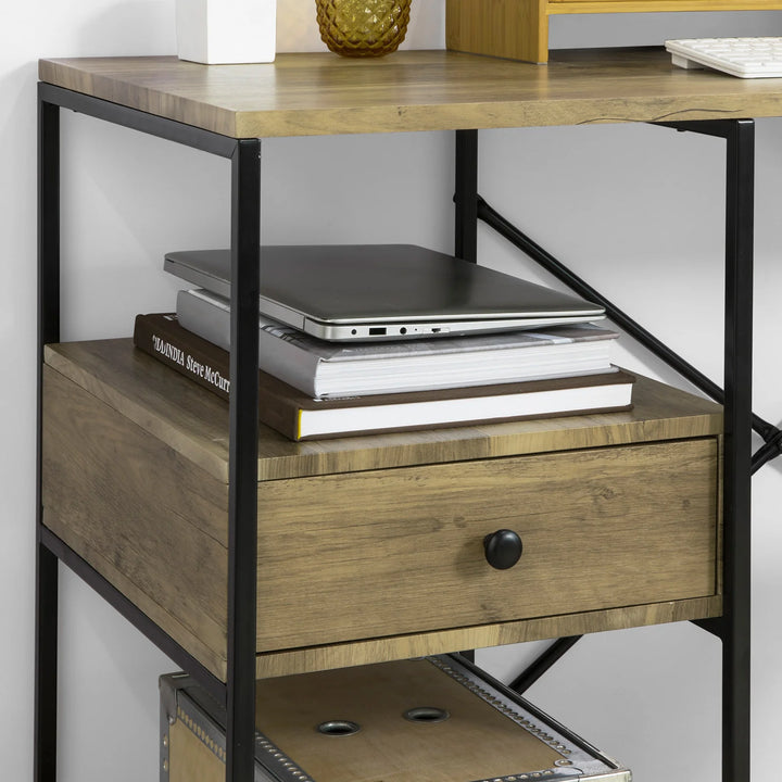 Skrivebord med skuffe og hylder, industrielt look, B118 x D48 x H75 cm, naturfarvet