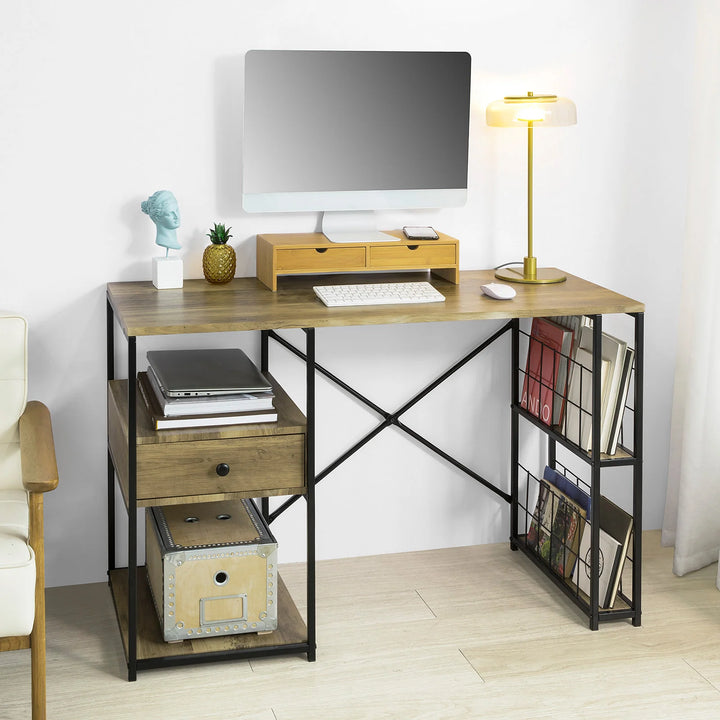 Skrivebord med skuffe og hylder, industrielt look, B118 x D48 x H75 cm, naturfarvet