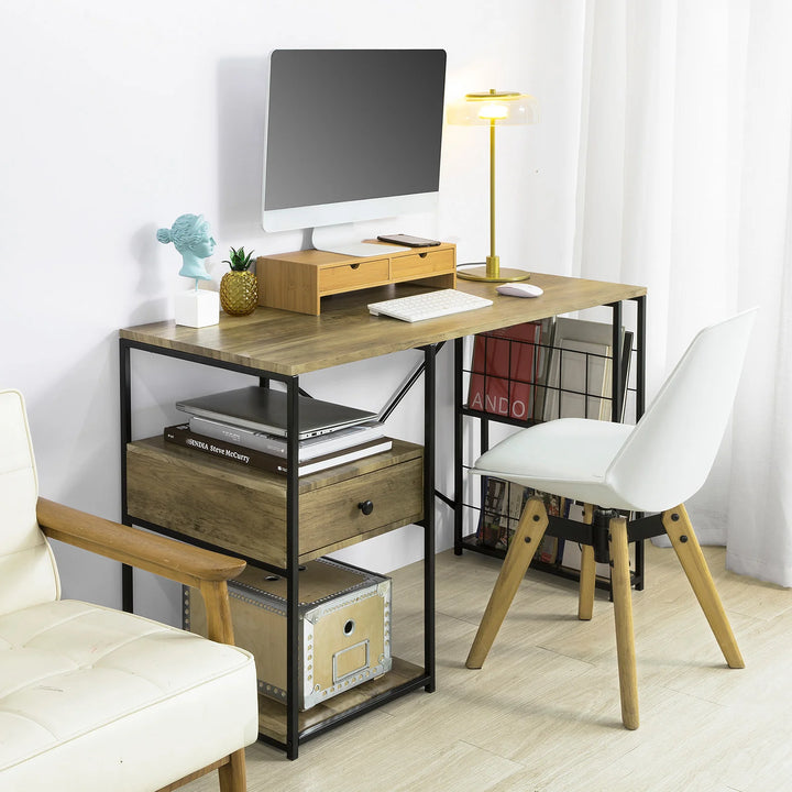 Skrivebord med skuffe og hylder, industrielt look, B118 x D48 x H75 cm, naturfarvet