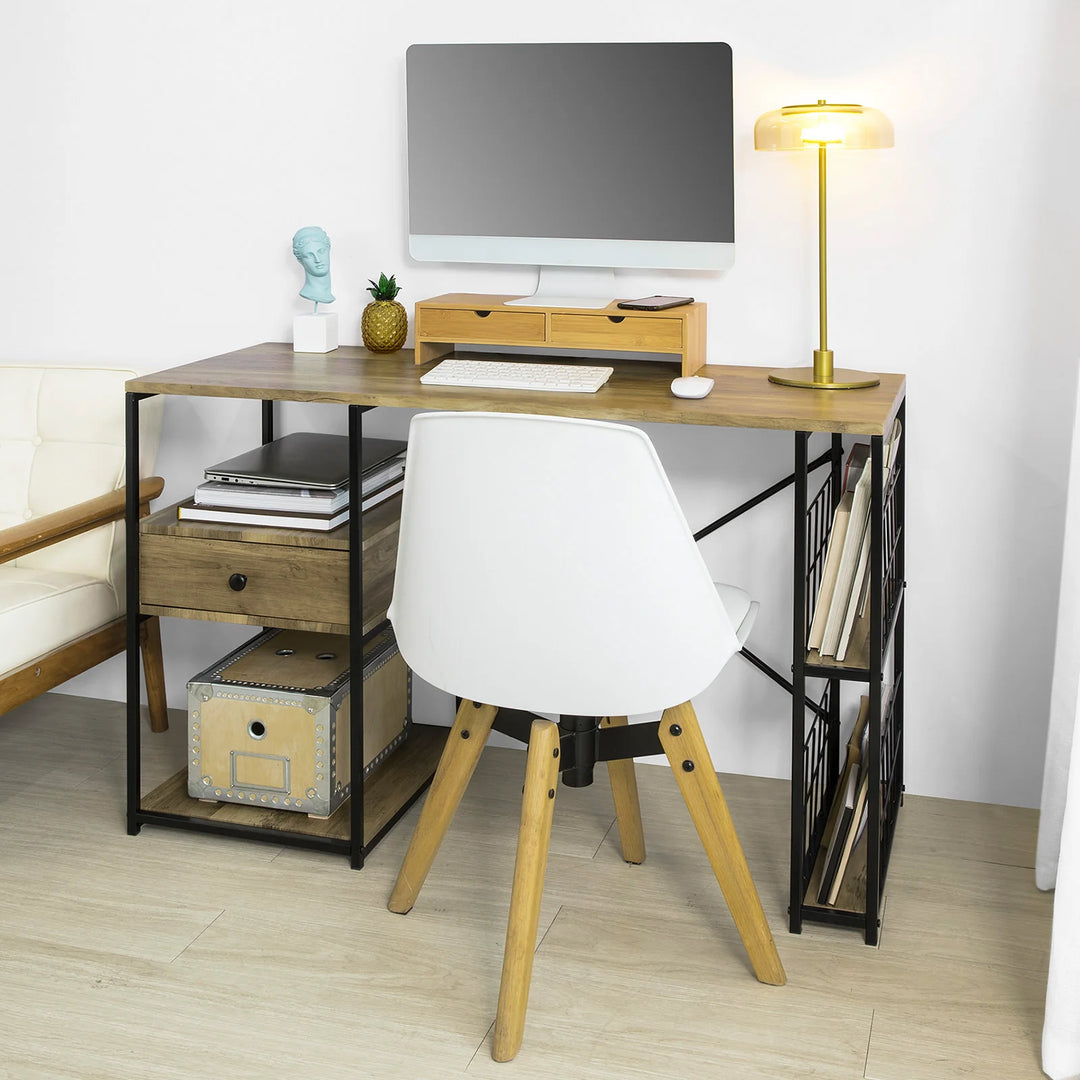 Skrivebord med skuffe og hylder, industrielt look, B118 x D48 x H75 cm, naturfarvet